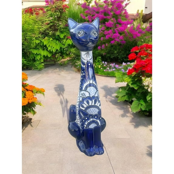 Handmade Talavera Tall Cat Statue – 19” Long Neck Mexican Ceramic Pottery | Colorful Hand-Painted Indoor/Outdoor Décor | Artisan Craft for Home, Garden, Patio (Blue and white)