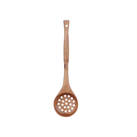 Handmade Teak Wood Slotted Strainer Spoon (11.8in×3.07in), Heat-Resistant Long Handle Skimmer for Kitchen & Hot Pot Cooking
