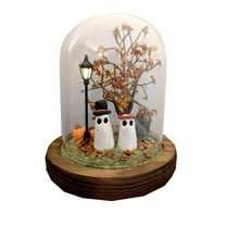 Handmade Terrarium Light Up Glass Cloche With Cute Ghosts And Pumpkins, Whimsical Decor For Indoor Shelf Fireplace, Cozy Spooky Ambiance