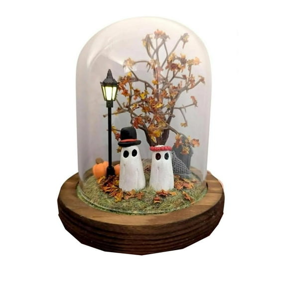 Handmade Terrarium Light Up Glass Cloche With Cute Ghosts And Pumpkins, Whimsical Decor For Indoor Shelf Fireplace, Cozy Spooky Ambiance