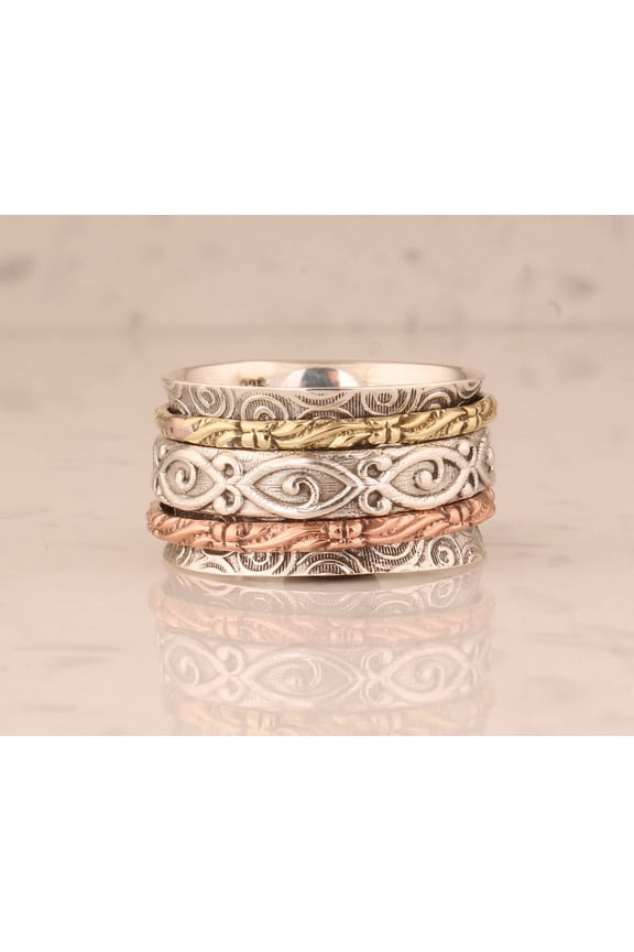 Handmade Three-Tone Boho Spinner Ring – 925 Sterling Silver Anxiety Fidget Ring for Women, Meditation Thumb Ring, Unique Mother’s Day Gift
