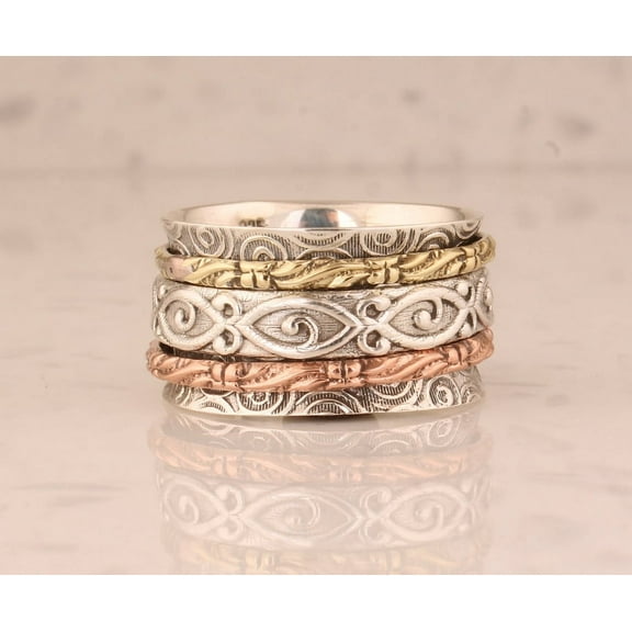 Handmade Three-Tone Boho Spinner Ring – 925 Sterling Silver Anxiety Fidget Ring for Women, Meditation Thumb Ring, Unique Mother’s Day Gift