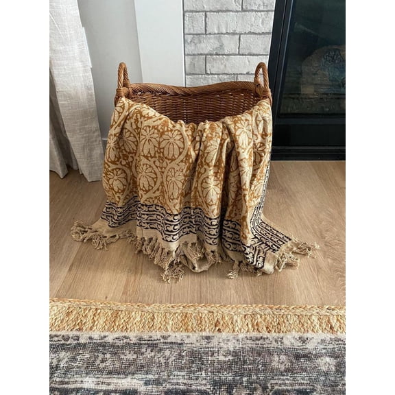 Handmade Throw Handblock Print Throw Cotton Throw Blanket Sofa Decor Room Decor Tassels Hand Loomed