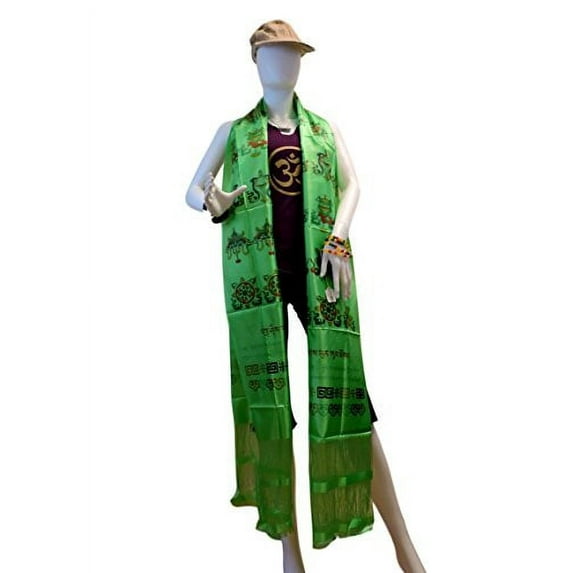 Handmade Tibetan prayer scarf kata katha eight lucky symbols many color (Small, Green)
