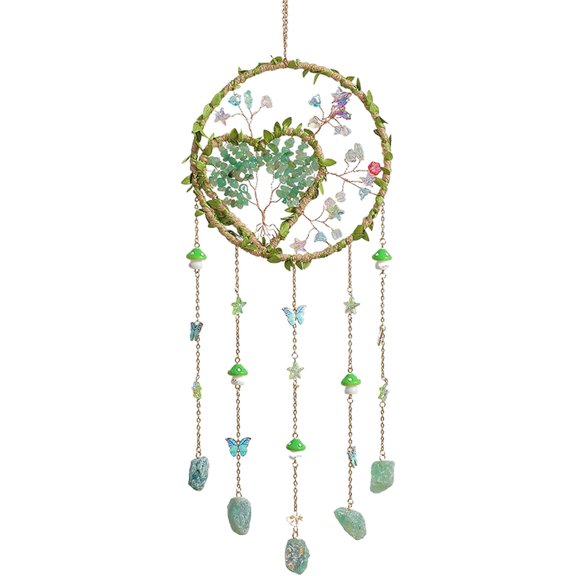 Handmade Tree Of Life Crystal Wind Chime Sun Catcher, Heart Crystal Hanging Decor For Indoor Window Garden Outdoor Home Decoration (Style B-Green)