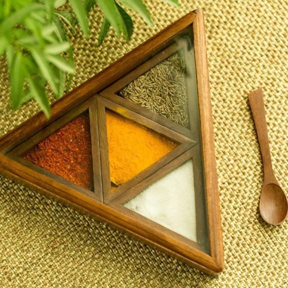 Handmade Triangle Wooden Spice Box with Glass Lid & Spoon, 4 Compartment Masala Box for Kitchen Spice Storage, Dry Fruit Container, Tea Box, Jewelry & Collectibles Organizer, Brown