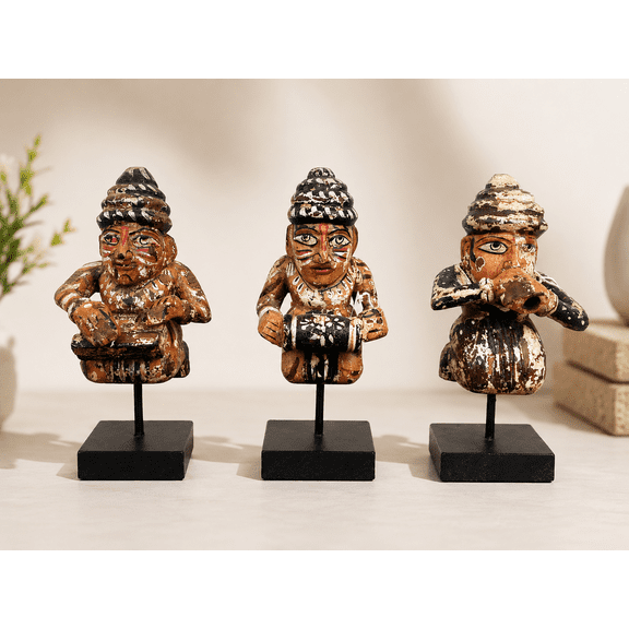 Handmade Tribal Musician Figurine Set of 3 Wooden Folk Art Sculptures Tabletop Home Decor