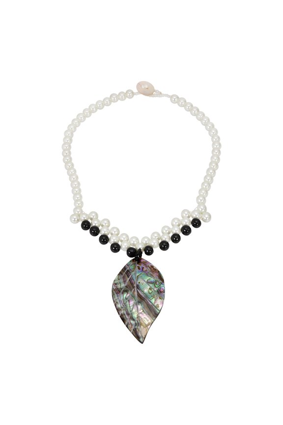 Handmade Tropical Leaf Abalone Shell and Faux Pearl Statement Necklace
