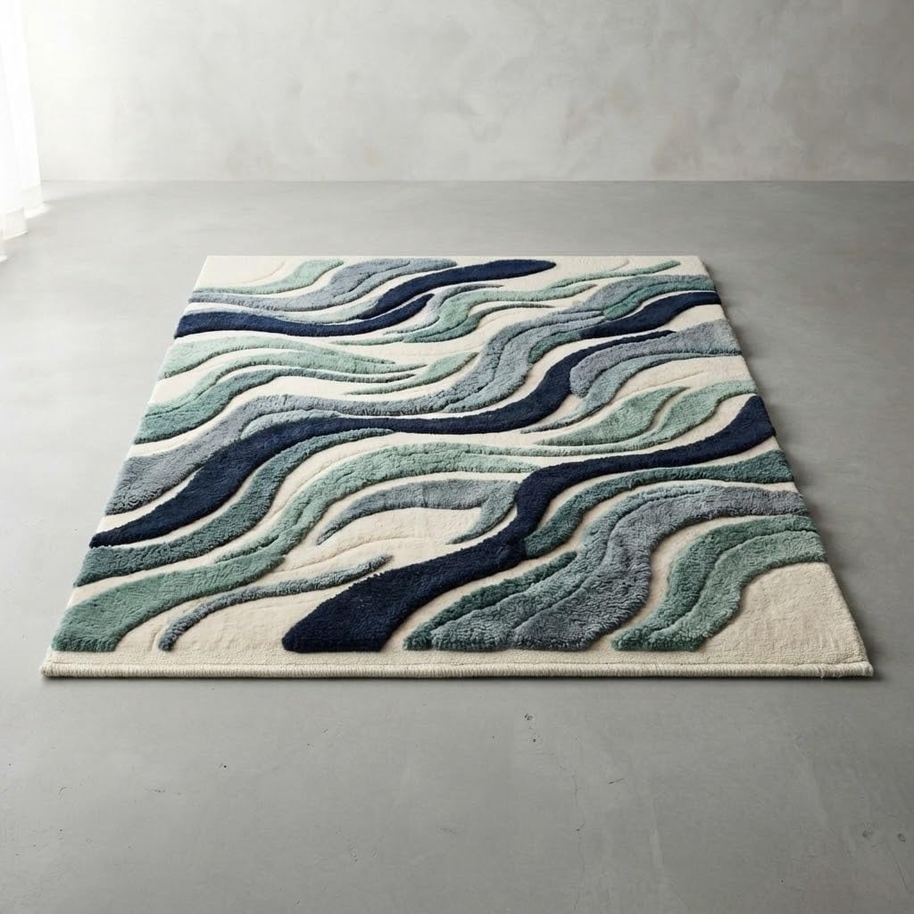 Handmade Tufted Wool Area Rug Modern Ocean Wavy Abstract Carpet for ...