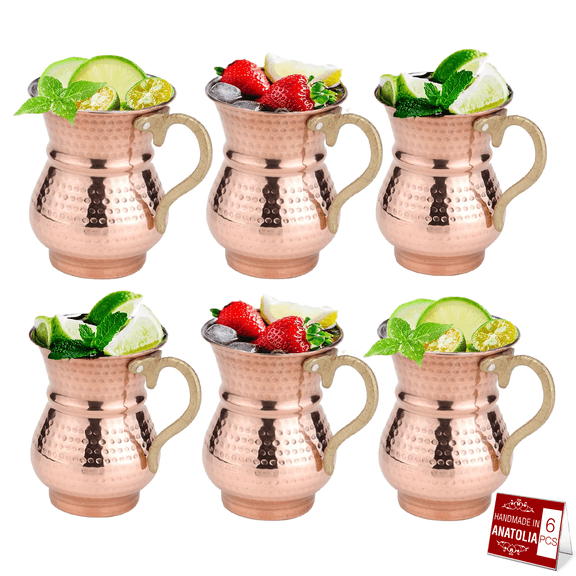 Handmade Turkish Copper Mugs, Moscow Mule Mug, Pure Copper Tumbler Drinkware, Hammered Copper Houseware, Copper Ayran Cup, 8.4 oz (6)