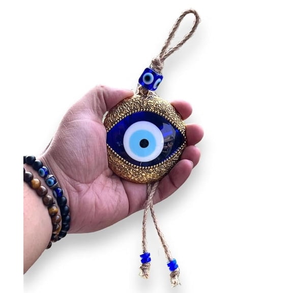 Handmade Turkish Evil Eye Wall Hanging Metal & Glass Nazar Protection Amulet for Home & Office Boho Spiritual Decor Good Luck Charm (Gold Evil Eye)