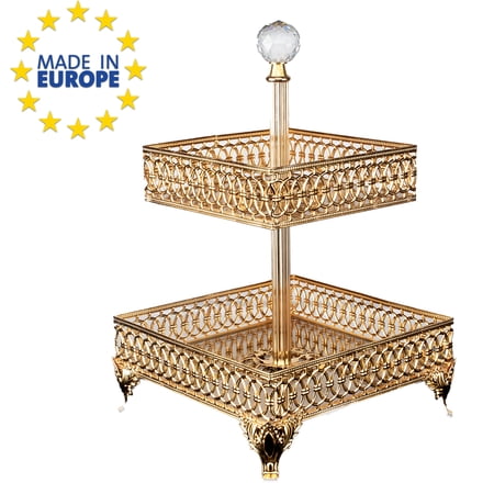 Handmade Two Tier Mirrored Dessert Table Stands for Gift, Fancy Square Perfume Vanity Tray for Dresser, Metal Table Top Decorations for Home, Party | Silver Gold | 7.1" x 7.1" x 11.8"