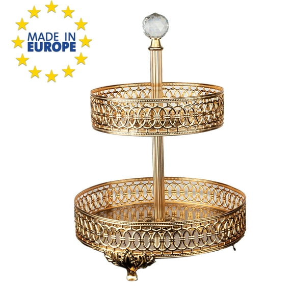 Handmade Two Tier Mirrored Tray for Dessert Table, Fancy Round Jewelry Perfume Vanity Stands, Metal Center Table Decorations for Home Party | Silver Gold | Large (10.2" X 11.8”), Small (7.9” X 11.8”)