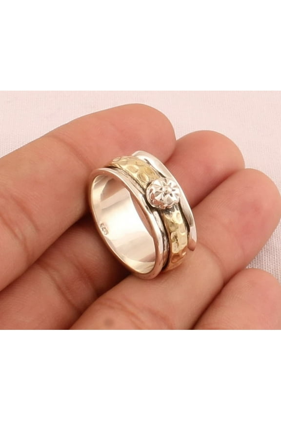 Handmade Two-Tone Flower Spinner Ring – Solid 925 Sterling Silver Hammered Anxiety Fidget Ring for Men & Women, Meditation Stress Relief Band, Gift for Her & Him