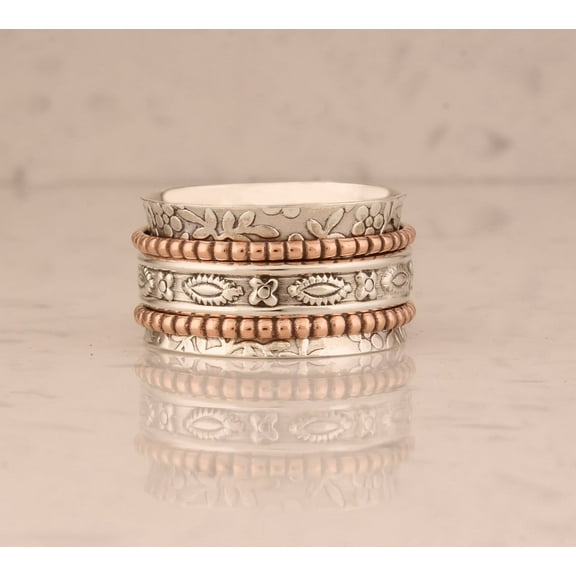 Handmade Two-Tone Sterling Silver Spinner Ring – 925 Silver Meditation & Fidget Ring for Anxiety Relief, Mixed Metal Thumb Ring for Men & Women Ring Size- 7.5