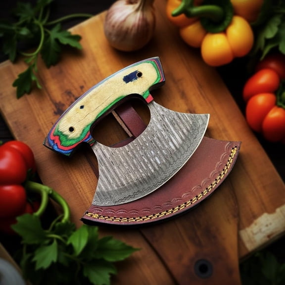 Handmade Ulu Knife with Leather Sheath  Damascus Steel Rocker for One-Handed Cutting | Mezzaluna Knife, Vegetable Chopper, Herb Cutter, Pizza Slicer & Traditional Ulu Made in Alaska Style