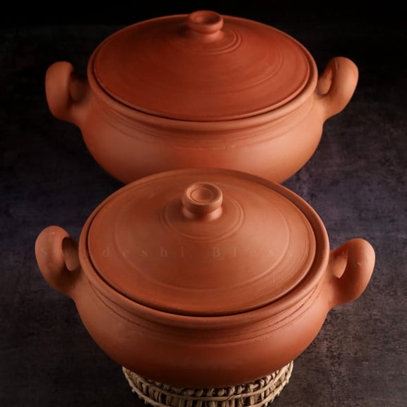 Handmade Unglazed Clay Pot for Cooking with Lid, 2L+3L Multi-Use Clay Cooking & Serving Pot, Earthen Kadai, Mud Handi, Mitti Ke Bartan