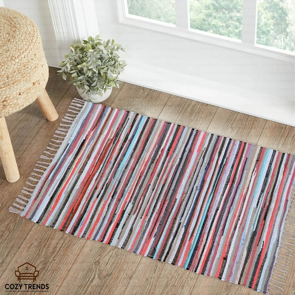 Handmade Upcycled Braided Natural Cotton Small Rag Rug Chindi ,Traditional Colorful Vibrant Colors Reversible 24''x36'' with Fringes