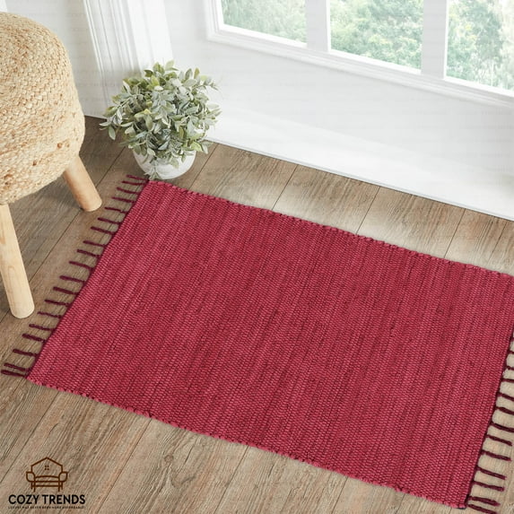 Handmade Upcycled Braided Natural Cotton Small Rag Rug Chindi ,Traditional Colorful Vibrant Colors Reversible 24''x36'' with Fringes
