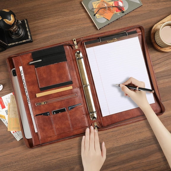 Handmade Vegan Leather Portfolio with A4 Holder and Zipper - Embossed Floral Design for Office & Travel
