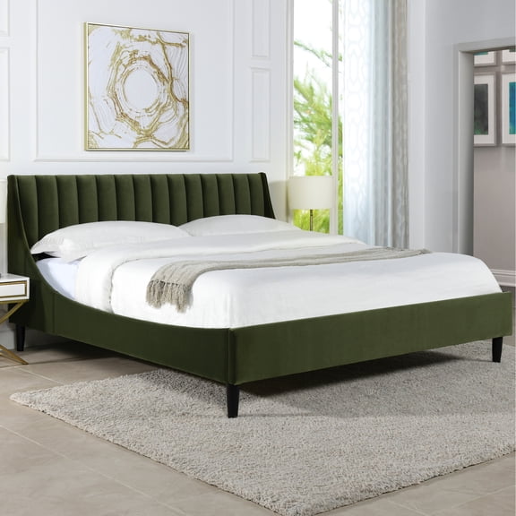 Handmade Velvet Headboard King Bed, Olive Bed With Luxurious And Fluffy In