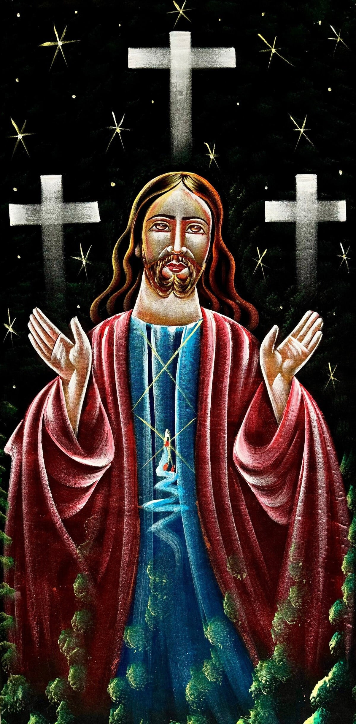 Handmade Velvet Painting of Jesus Christ with Crosses - 60x122 cm | Fabric Painting | Big Wall Art | Home Decor