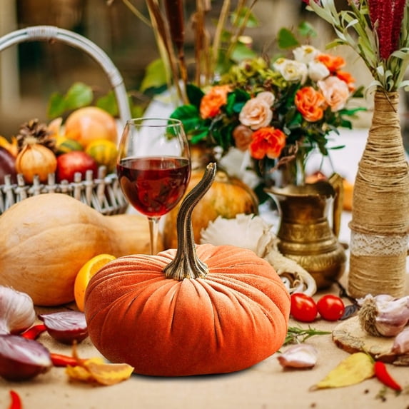Handmade Velvet Pumpkin Decor for Fall Halloween Thanksgiving Soft Stuffed Plush Pumpkin with Realistic Stem, Autumn Harvest Tabletop Ornament for Home Party Fireplace Mantel