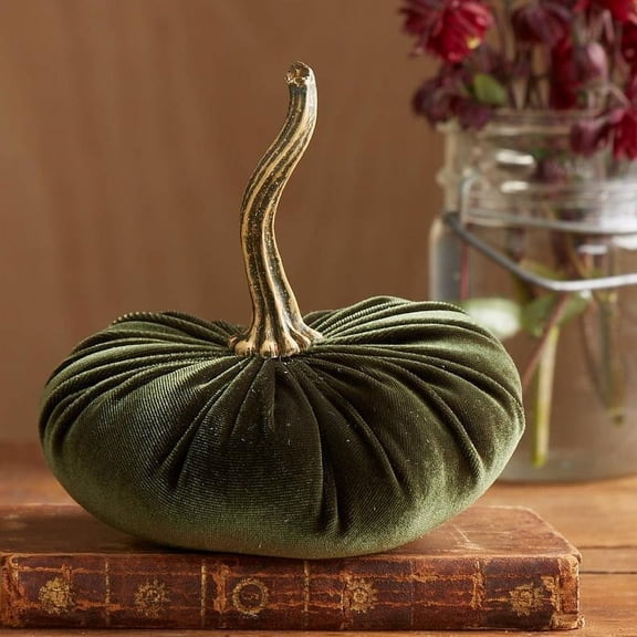 Handmade Velvet Pumpkins Decor, 5.9” Velvet Pumpkins Fall Decor, Rustic Fake Pumpkins with Real Stems, Soft Stuffed Fabric Pumpkins for Fall Halloween Thanksgiving Decorations Green