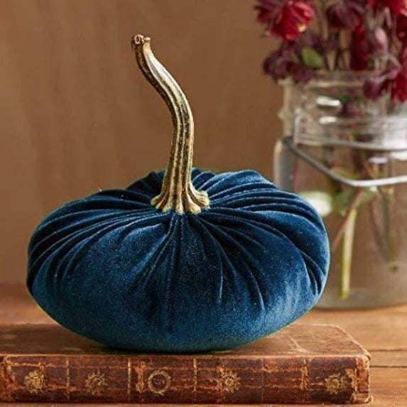 Handmade Velvet Pumpkins Decor, 5.9” Velvet Pumpkins Fall Decor, Rustic Fake Pumpkins with Real Stems, Soft Stuffed Fabric Pumpkins for Fall Halloween Thanksgiving Decorations Blue