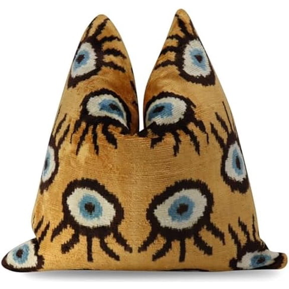 Handmade Velvet Silk Evil Eye Throw Pillow 16x16 Inch, Decorative Down-Filled Cushion for Couch & Bed Luxury Turkish Ikat Design, Gold & Blue Accent Pillow$$Home Decor, Kitchen, & Other