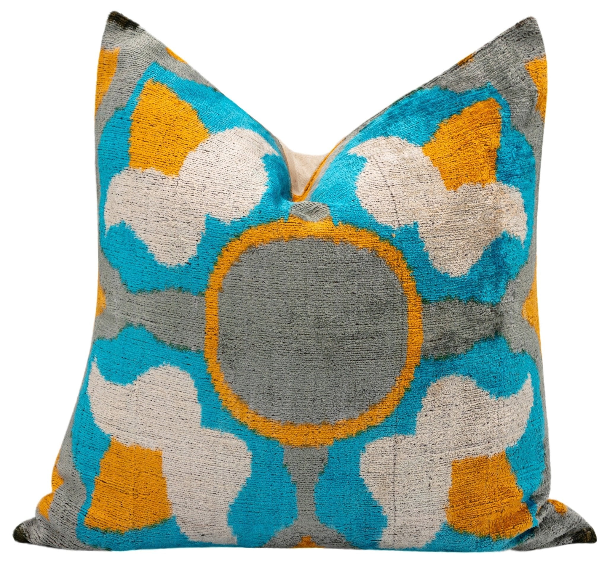 Handmade Square Blue Yellow Gray Velvet Accent Pillow 20"x20"