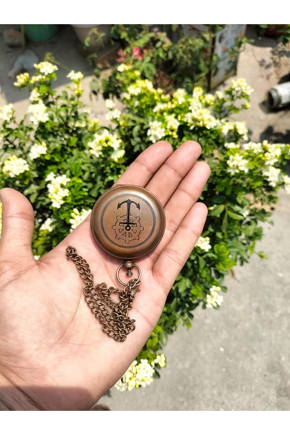 Antique Style Brass Pocket Compass  Anchor & Ship Wheel Design  Vintage Nautical Collectible with Chain