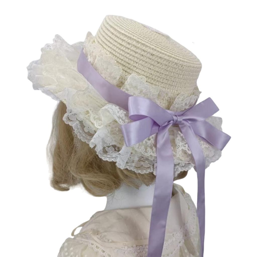 Handmade Victorian Bonnet Hat With Lace Trim Ribbon Bowknot Straw Sun Hat For Fashion Enthusiast Teaparty Costume Props