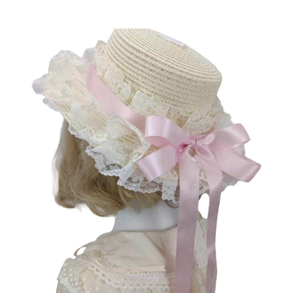 Handmade Victorian Bonnet Hat With Lace Trim Ribbon Bowknot Straw Sun Hat For Fashion Enthusiast Teaparty Costume Props