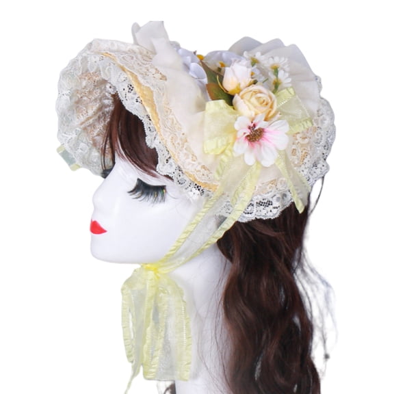 Handmade Victorian Bonnet Hat With Ruffled Trim and Flower Straw Sun Hat For Vintage Enthusiast Teaparty Costume Props
