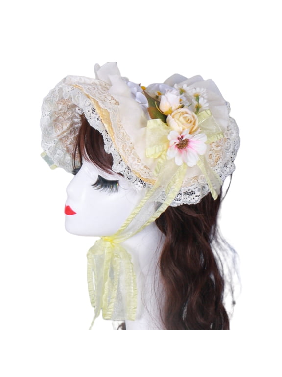Handmade Victorian Bonnet Hat With Ruffled Trim and Flower Straw Sun Hat For Vintage Enthusiast Teaparty Costume Props