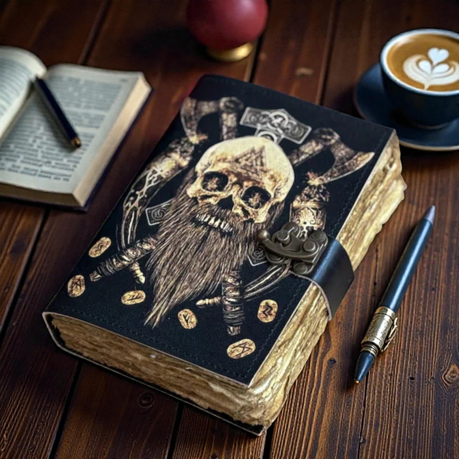 Handmade Viking Leather Journal 5x7 Inches – Warrior Skull Notebook with Axes & Runes, 200 Deckle-Edge Pages, Vintage Lock, Rustic Medieval Diary
