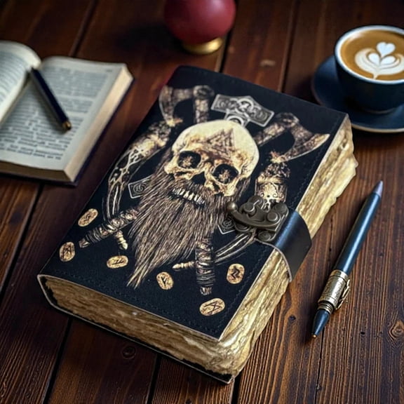 Handmade Viking Leather Journal 5x7 Inches Warrior Skull Notebook with Axes & Runes, 200 Deckle-Edge Pages, Vintage Lock, Rustic Medieval Diary