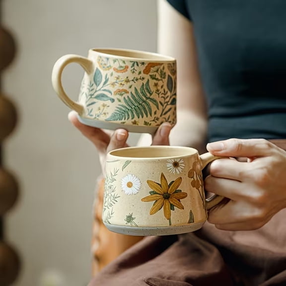 Handmade Vintage Chrysanthemum Belly Drum Mug 12.17 oz Ceramic Coffee Cup Unique Flower Design for Tea Hot Cocoa Office Home Decor Gift for Women Men