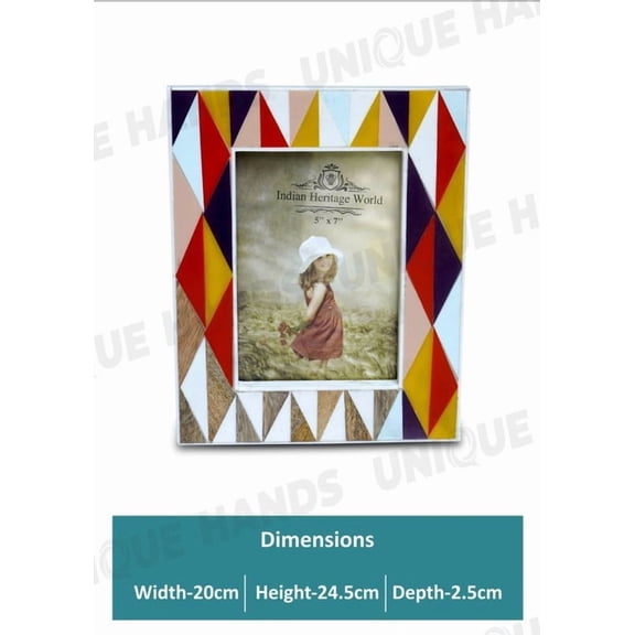 Handmade Vintage Colorful Triangle Shapes Designed Mango Wood & Resin Inlay Photo Frame Antique Table Top Wall Hanging Home Decorative Portait and Vertical Frames