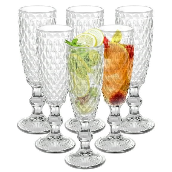 Handmade Vintage Cut Glass Goblets Set of 6, 5oz Capacity, Dishwasher Safe, Clear Glass Wine/Champagne Glasses with Retro Engraving