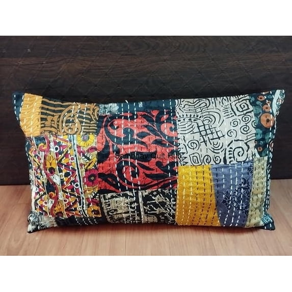 Handmade Vintage Handblock Animal Jungle Monkey Print Patchwork Kantha Quilt Sofa Throw Vintage Home Decorative Lumbar Boho Throw Pillow Cover