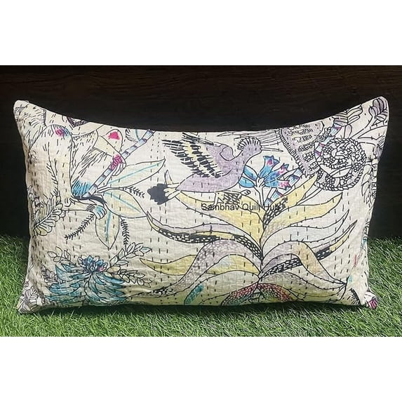 Handmade Vintage Handblock Animal Jungle Monkey Print Patchwork Kantha Quilt Sofa Throw Vintage Home Decorative Lumbar Boho Throw Pillow Cover
