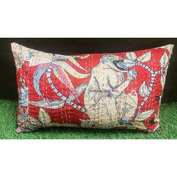 Handmade Vintage Handblock Animal Jungle Monkey Print Patchwork Kantha Quilt Sofa Throw Vintage Home Decorative Lumbar Boho Throw Pillow Cover