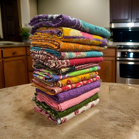 Handmade Vintage Kantha Quilt, Multi Color, Cotton, 60x50 Inch, Reversible, Lightweight, Floral Theme(1PCS)