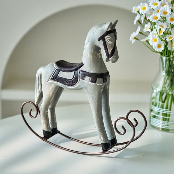 Handmade Vintage Old Collectible Statue Wooden Rocking Horse Figurines Decorative Ornaments Craft Sculpture for Office & Home Room Desktop Christmas Birthday New Year Gift