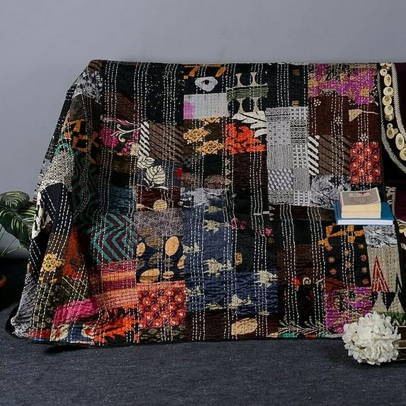 Handmade Vintage Silk Sari Patchwork Kantha bedding Patch Throw Blanket