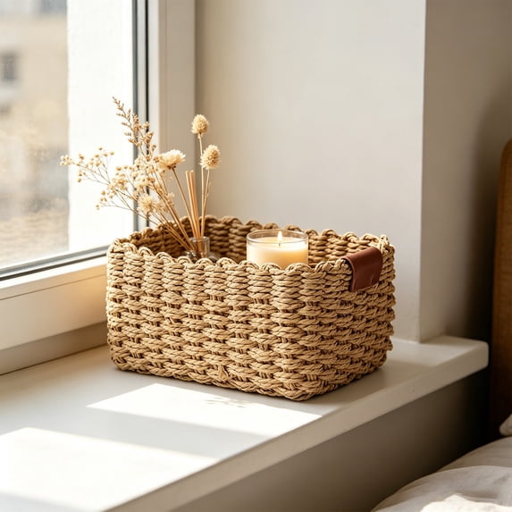 Handmade Vintage Woven Rattan Storage Basket, Sturdy Durable Natural Paper Rope Divided Organizer Bin Decorative Storage Caddy for Bathroom Bedroom Kitchen Office Makeup Sundries Organization