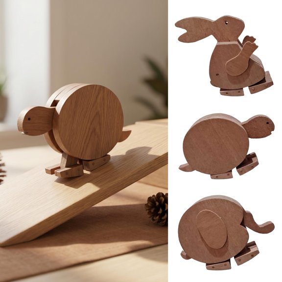 Handmade Walking Wooden Animal Figurine Educational Rabbit Elephant Turtle Statue Funny Mechanical Kinetic Walking Sculpture for Girls Boys