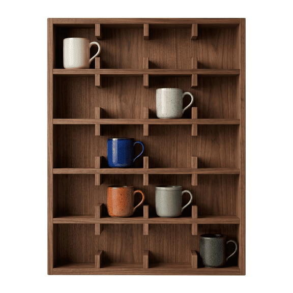 Handmade Walnut Coffee Mug Rack, 20-Mug Wall Mounted Wood Mug Shelf, 5x4 Display